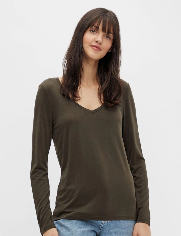 Pieces - T-Shirt Basique Kamala Manches Longues Kaki