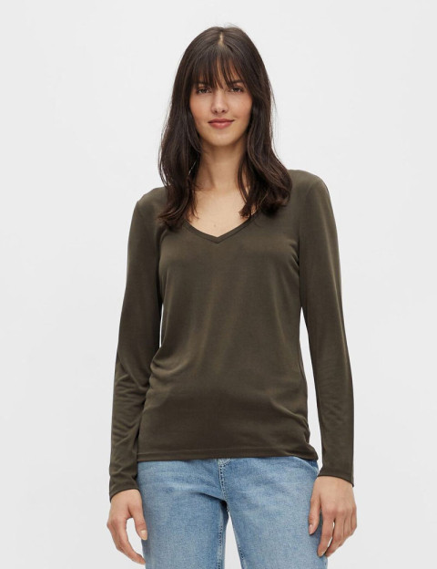 Pieces - T-Shirt Basique Kamala Manches Longues Kaki