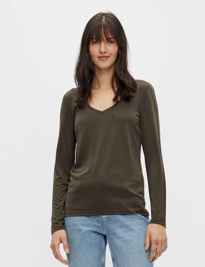 Pieces - T-Shirt Basique Kamala Manches Longues Kaki