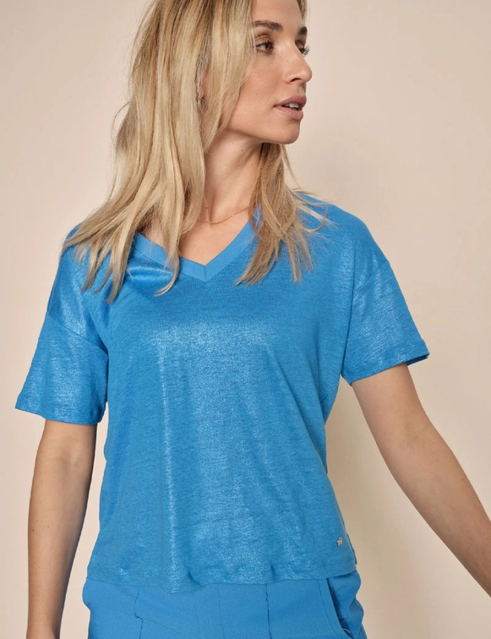 Mos Mosh - T-Shirt Femme Casa Col V Bleu