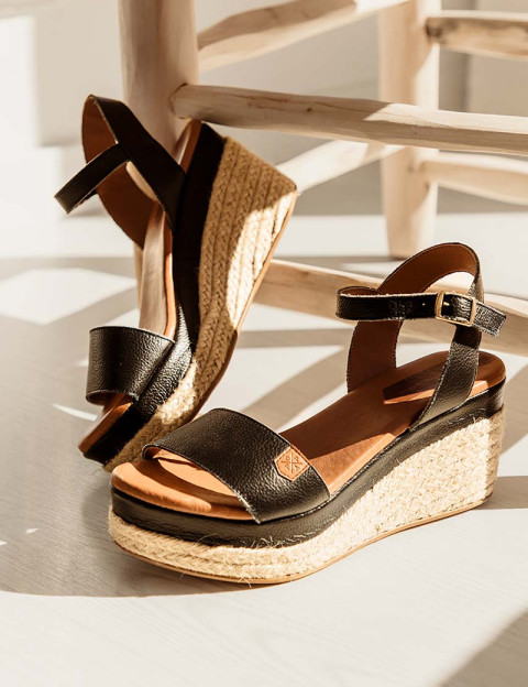 Popa - Sandales Compensées Arambol Cuir Noir