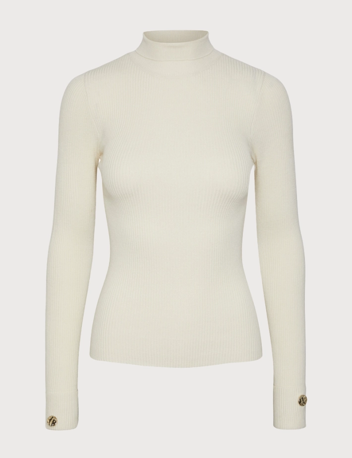 PIECES Pull Col Roulé Beige Boutons Manches
