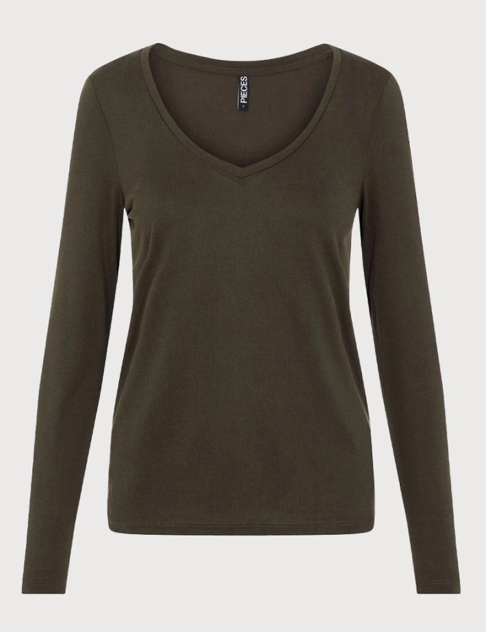 PIECES T-Shirt Basique Kamala Manches Longues Kaki