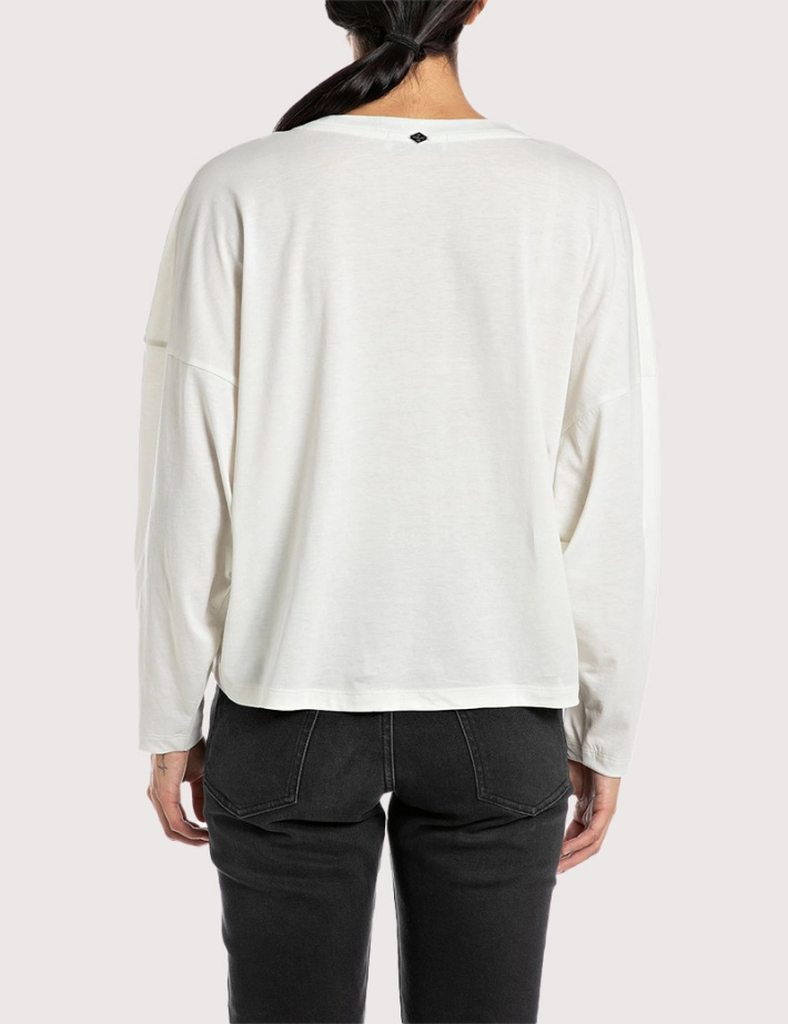REPLAY T-Shirt Femme Manches Longues Oversize Ecru