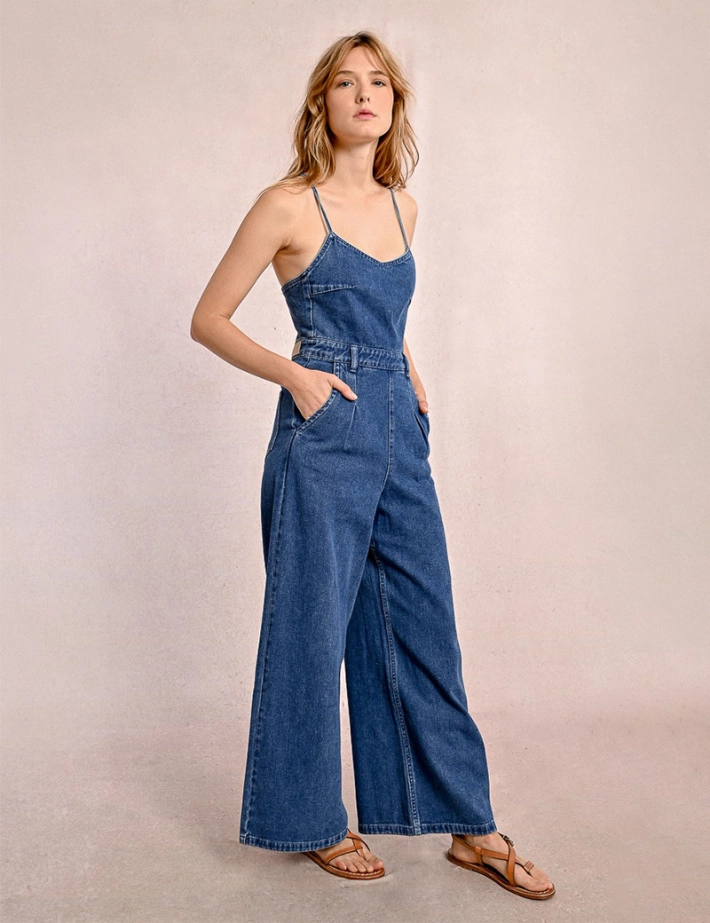 Combinaison Denim Femme Manches Longues - Pantalon Droit Boutonnage Avant - Style Décontracté Casual - 6