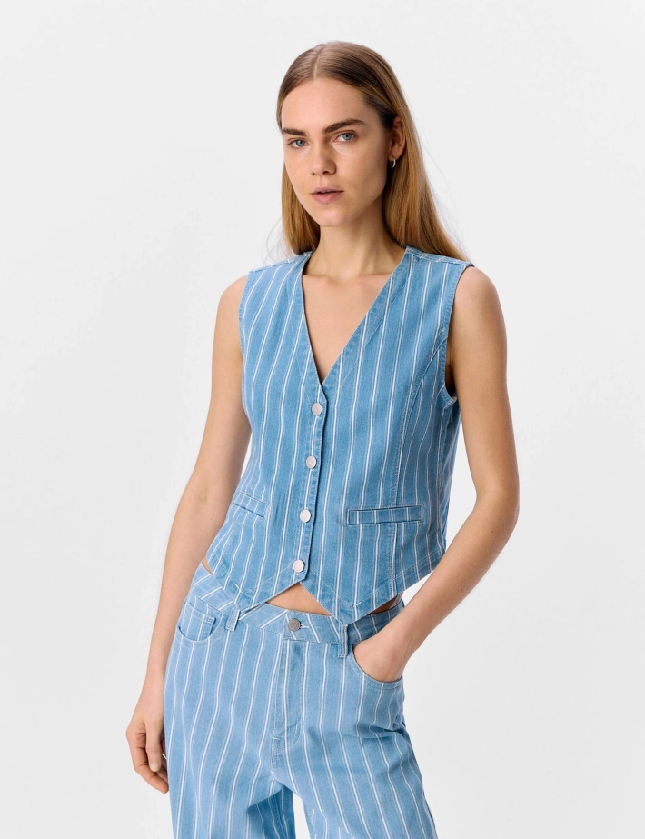 OBJECT Gilet Femme Mollie Sans Manches Rayé Bleu Clair Denim - 2