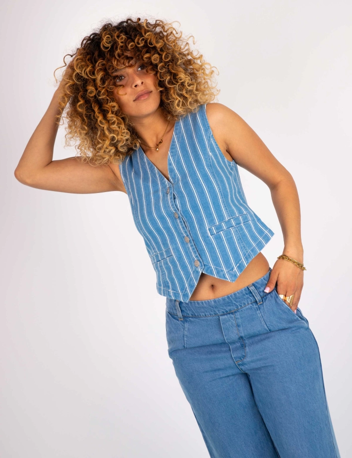 OBJECT Gilet Femme Mollie Sans Manches Rayé Bleu Clair Denim - 6