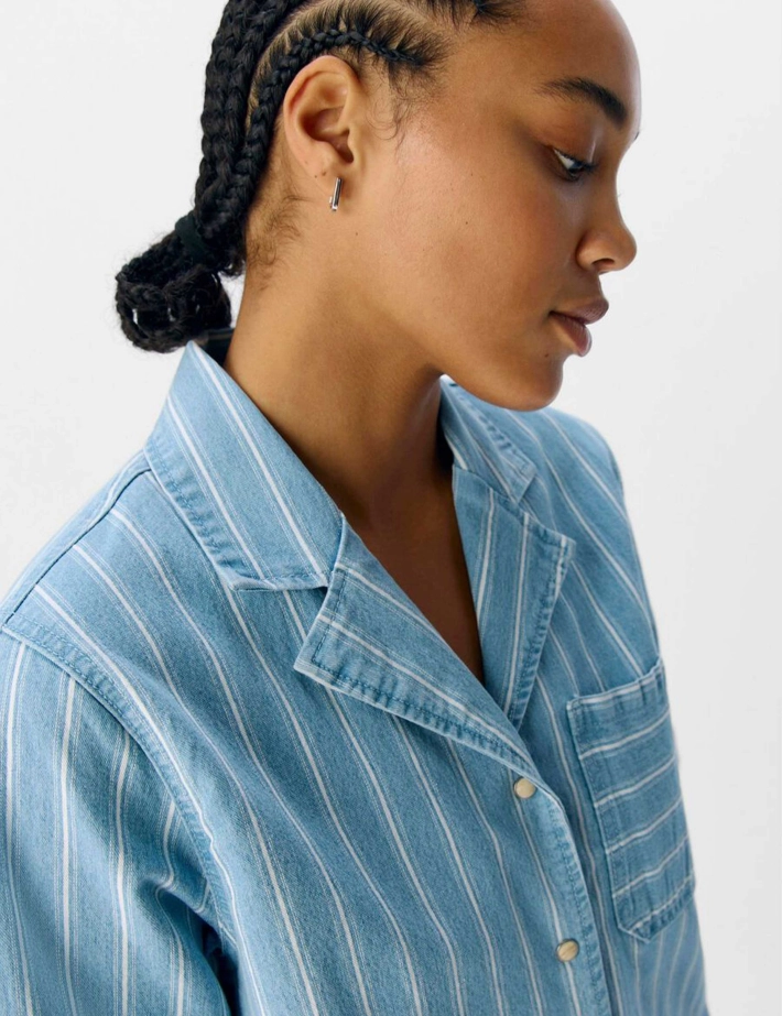 OBJECT Chemise Femme Elsie Manches Courtes Rayé Bleu Clair Denim - 3