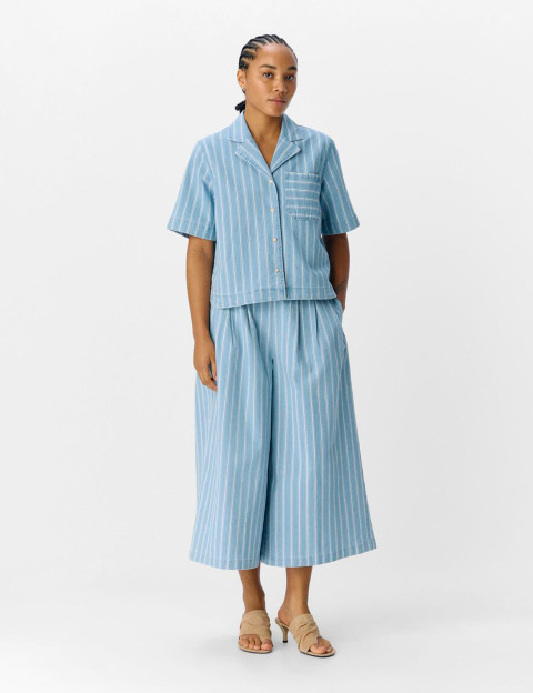 OBJECT Chemise Femme Elsie Manches Courtes Rayé Bleu Clair Denim - 4