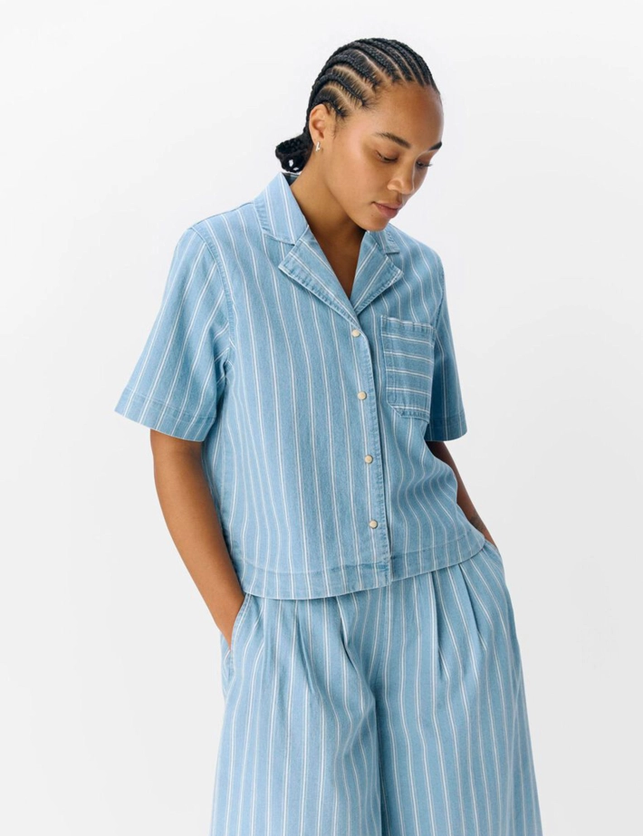 OBJECT Chemise Femme Elsie Manches Courtes Rayé Bleu Clair Denim - 2