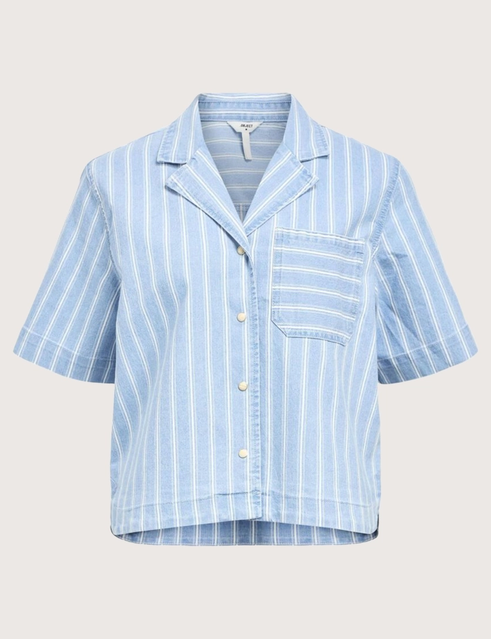 OBJECT Chemise Femme Elsie Manches Courtes Rayé Bleu Clair Denim