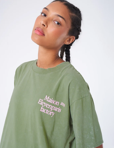 Eleven Paris T-shirt Mixte Oversize Imprimé Dos Lys Vert Kaki - 4
