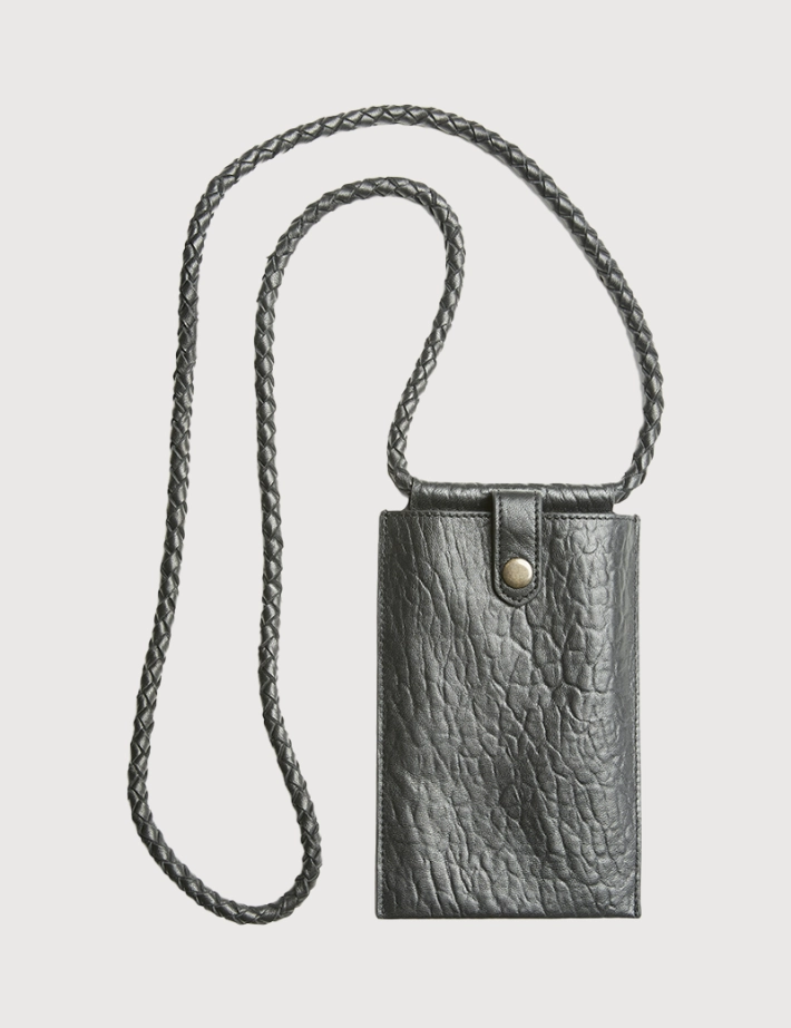 PIECES Pochette Téléphone en Cuir Daino Noir Embossé