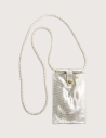 PIECES Pochette Téléphone en Cuir Daino Argent