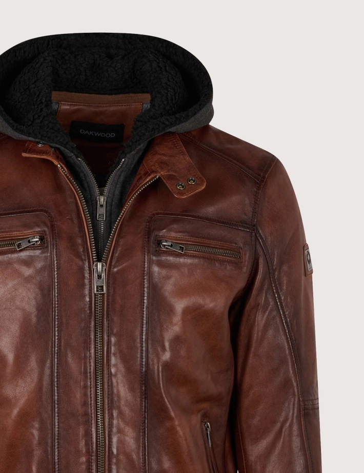 OAKWOOD Blouson Homme Drink Cuir Capuche Cognac - 2