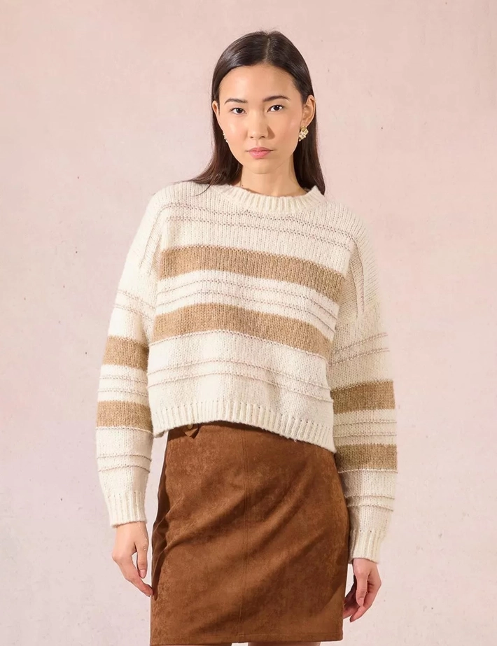 MOLLY BRACKEN Pull en Maille Femme Rayé Ecru Beige