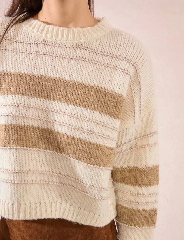 MOLLY BRACKEN Pull en Maille Femme Rayé Ecru Beige - 3