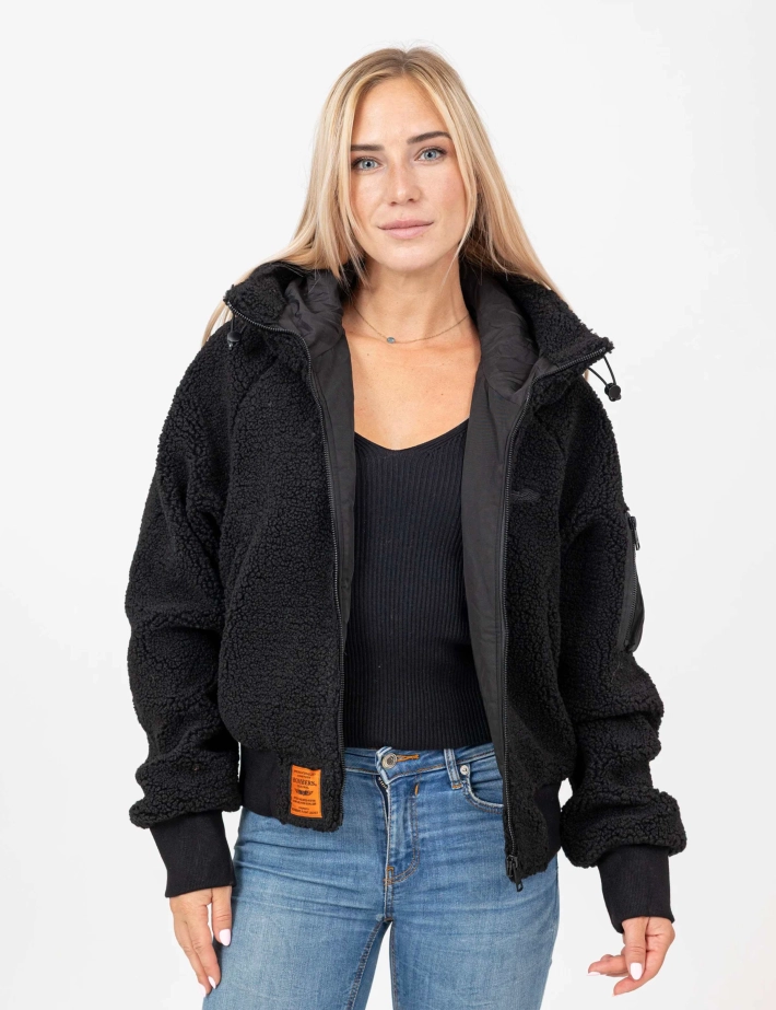 BOMBERS ORIGINALS Veste Fourrure Capuche Femme Hood Noir