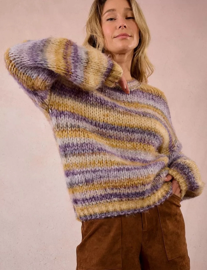 MOLLY BRACKEN Pull Femme en Maille Rayé Mauve - 2