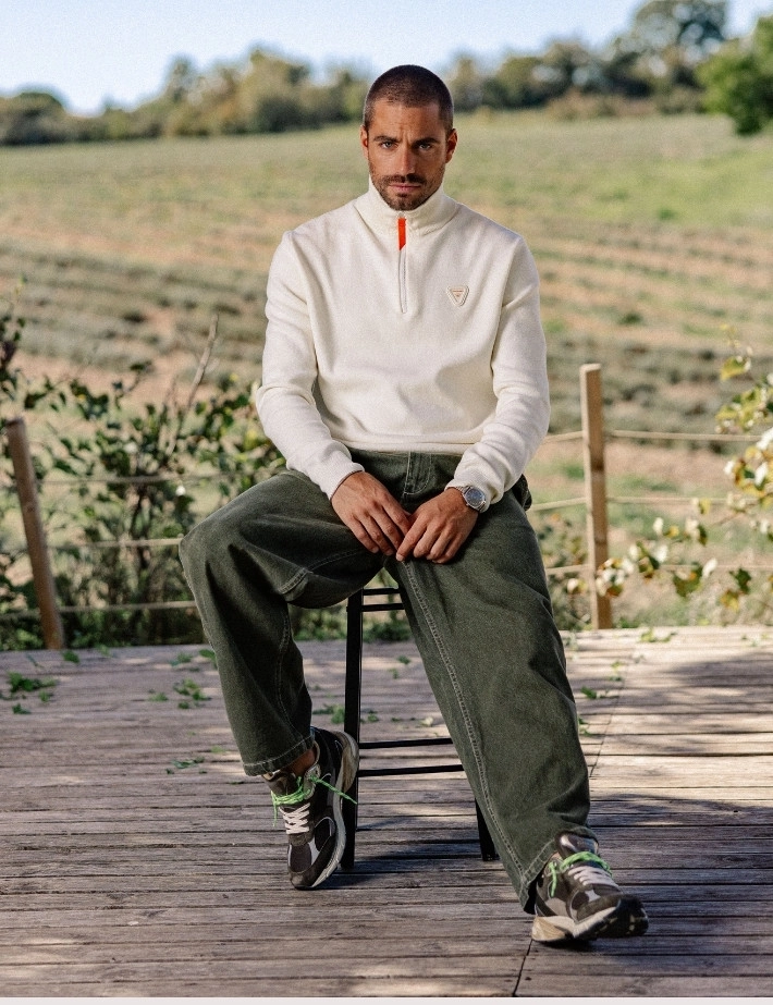 GERTRUDE Pull Homme Lewis Patch Col Camionneur Zip Beige Crème