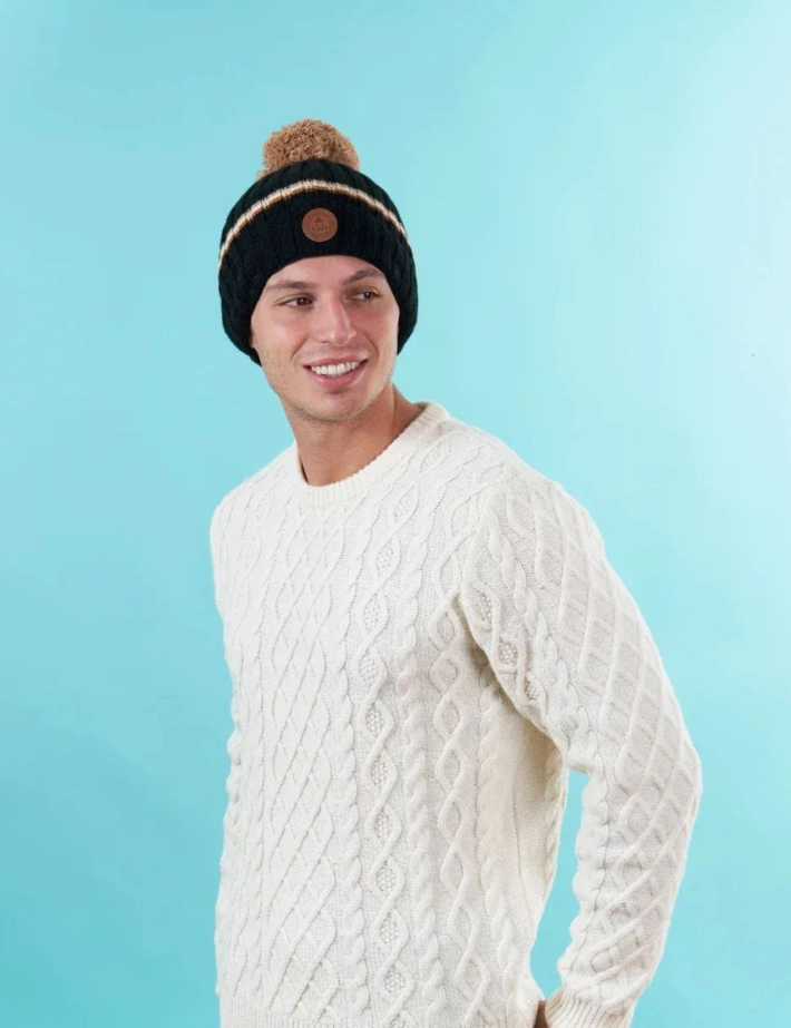 CABAIA Bonnet Beanie Manhattan 3 Pompons Noir Marron - 2