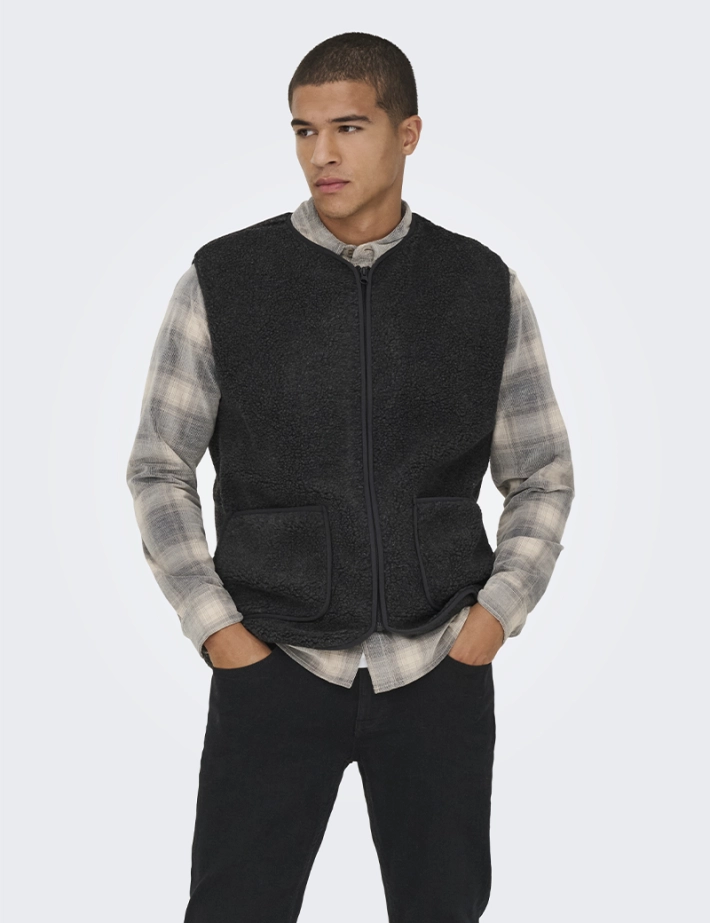 Only & Sons Veste Sherpa Sans Manches Homme Tony Anthracite - 2