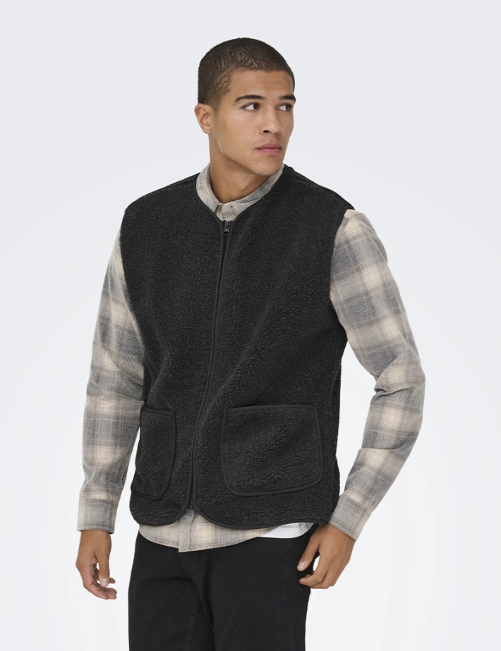 Only & Sons Veste Sherpa Sans Manches Homme Tony Anthracite - 4