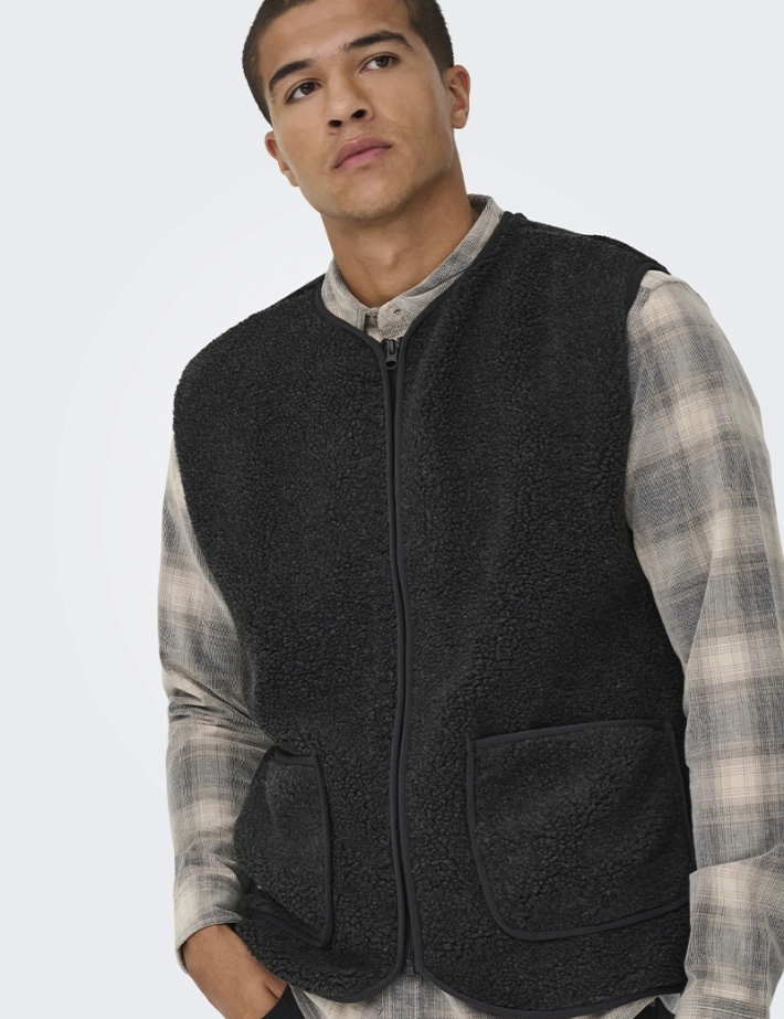 Only & Sons Veste Sherpa Sans Manches Homme Tony Anthracite - 6