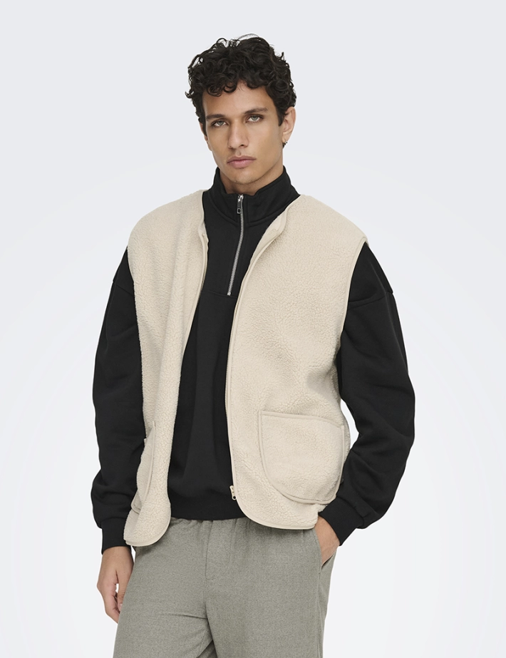 Only & Sons Veste Sherpa Sans Manches Homme Tony Gris Clair - 4