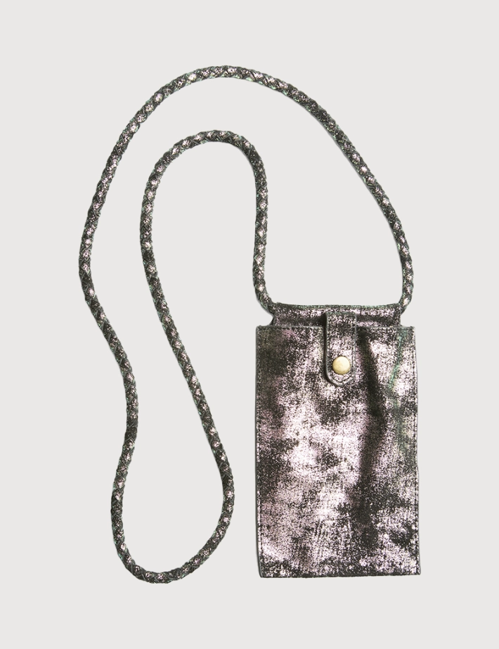PIECES Pochette Téléphone en Cuir Daino Noir