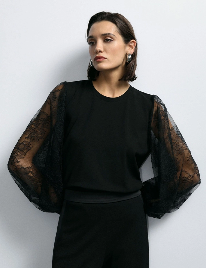 IMPERIAL Top Manches Dentelle Femme Noir - 2
