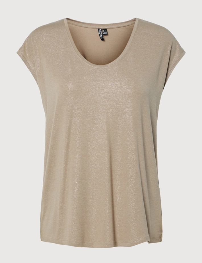 PIECES T-shirt Femme Manches Courtes Alice Glitter Beige