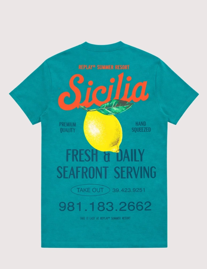 REPLAY T-Shirt Homme Manches Courtes Vert Imprimé Dos Sicilia - 2
