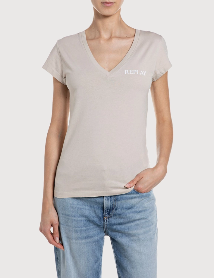 REPLAY T-Shirt Femme Manches Courtes Col V Logo Cœur Beige111