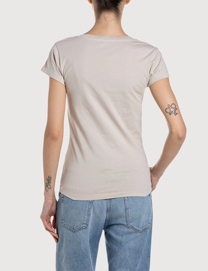 REPLAY T-Shirt Femme Manches Courtes Col V Logo Cœur Beige111 - 2