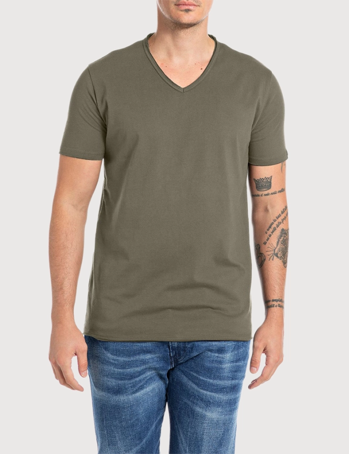REPLAY T-Shirt Manches Courtes Homme Col V Kaki 851