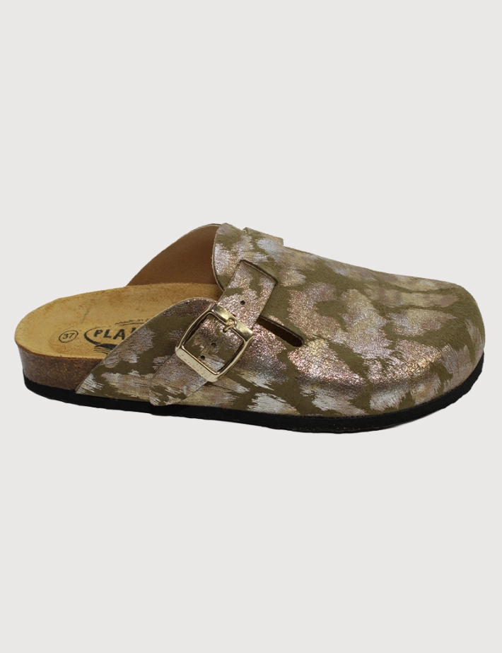 Plakton Sabots Femme Eva Léopard Métal Kaki Foncé