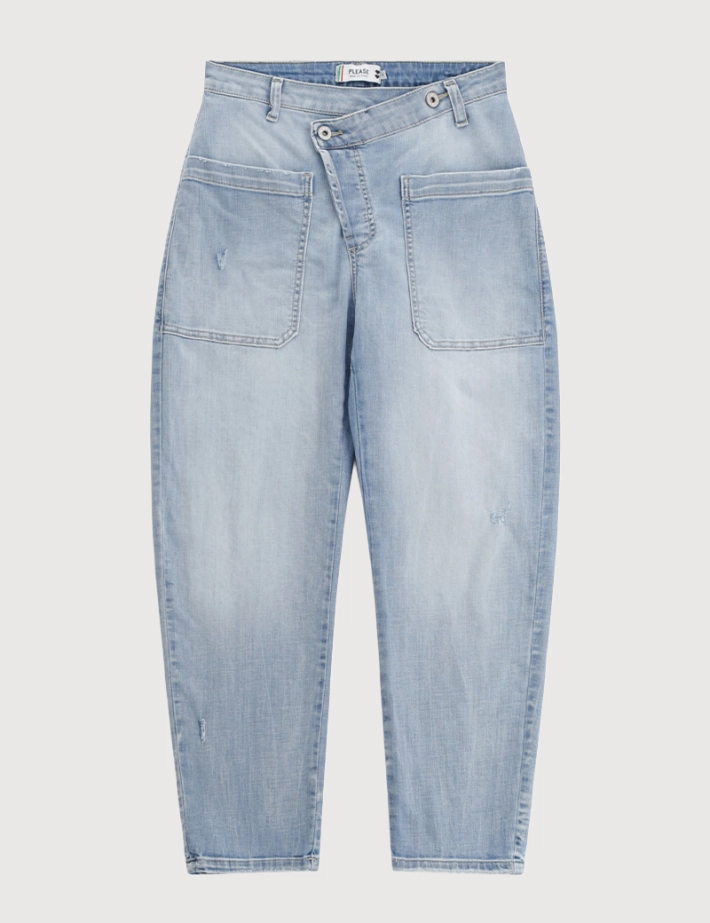 PLEASE Jean Coupe Ballon Taille Haute Bleu Clair Denim