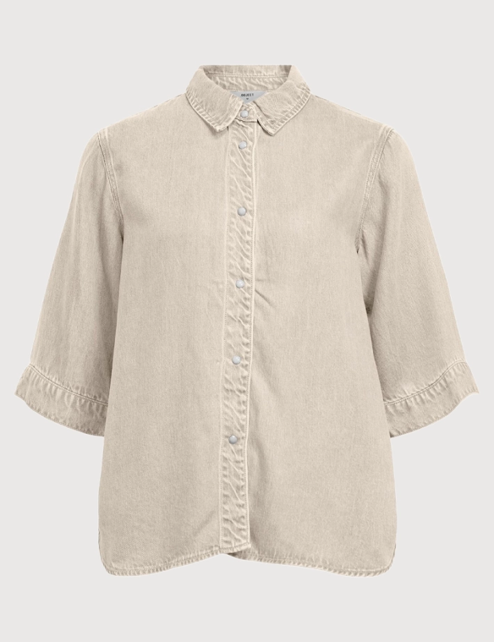 OBJECT Chemise Femme Manches Courtes Beige Denim