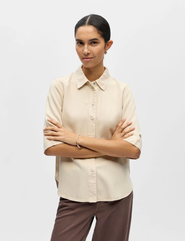 OBJECT Chemise Femme Manches Courtes Beige Denim - 3