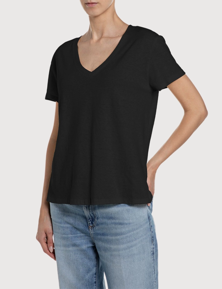 REPLAY T-Shirt Femme Manches Courtes Col V Noir 098