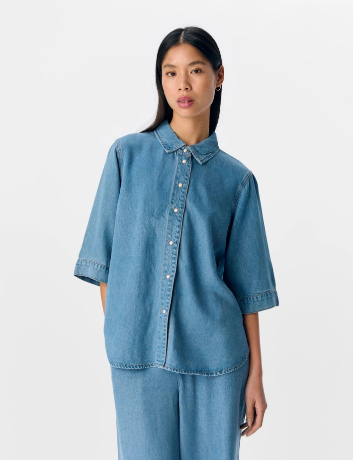 OBJECT Chemise Femme Manches Courtes Bleu Clair Denim - 3