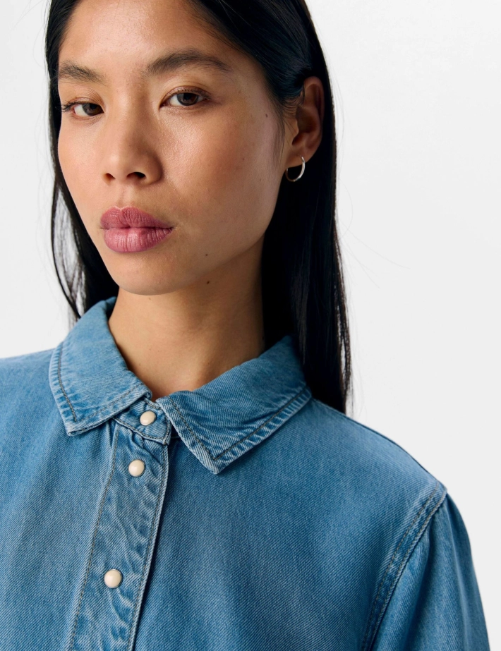 OBJECT Chemise Femme Manches Courtes Bleu Clair Denim - 5