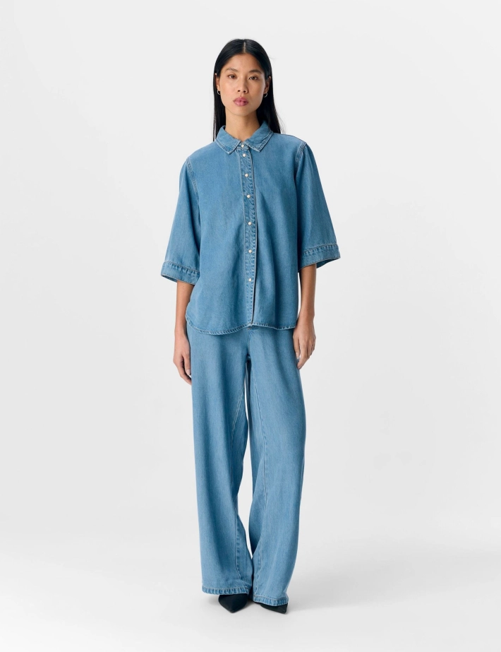 OBJECT Chemise Femme Manches Courtes Bleu Clair Denim - 6