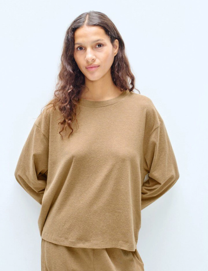 American Vintage T-shirt Ample Femme Manches Longues Ypawood Marron Chiné - 3