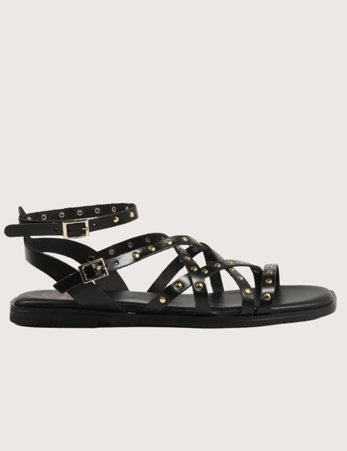 PORRONET Sandales Plates en Cuir Cloutés Noir