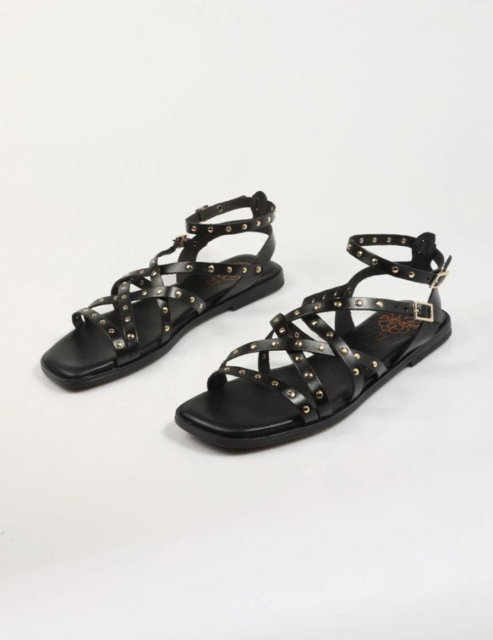 PORRONET Sandales Plates en Cuir Cloutés Noir - 2
