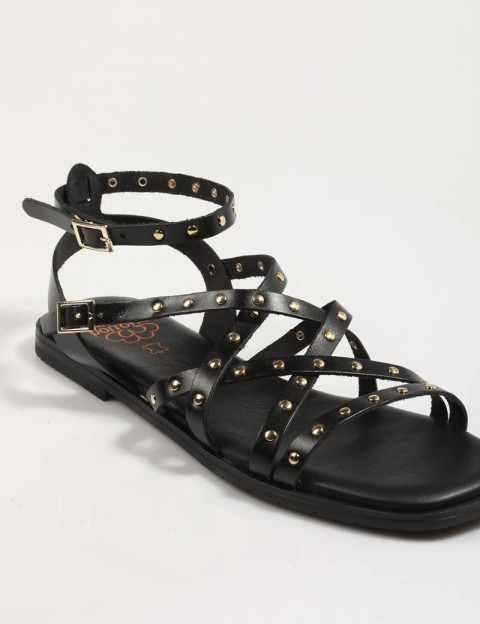 PORRONET Sandales Plates en Cuir Cloutés Noir - 4