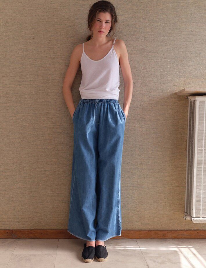 American Vintage Pantalon Femme Evase Denim Medium Izeway Bleu
