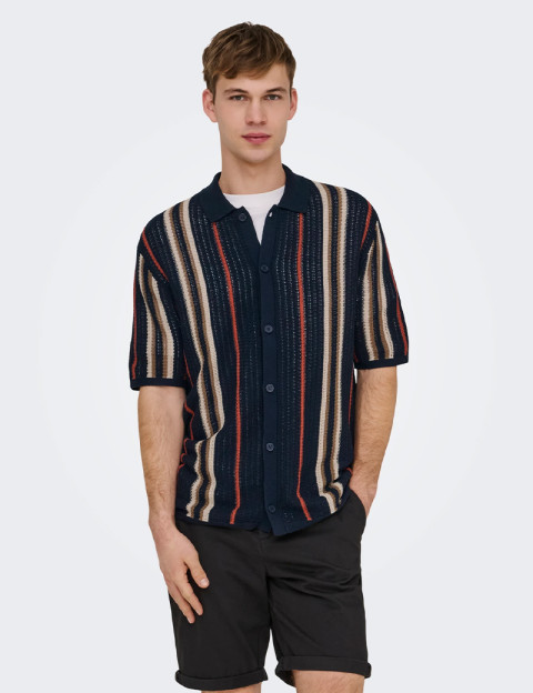 Only & Sons Chemise Homme en Maille Rayé Leon Marine - 2